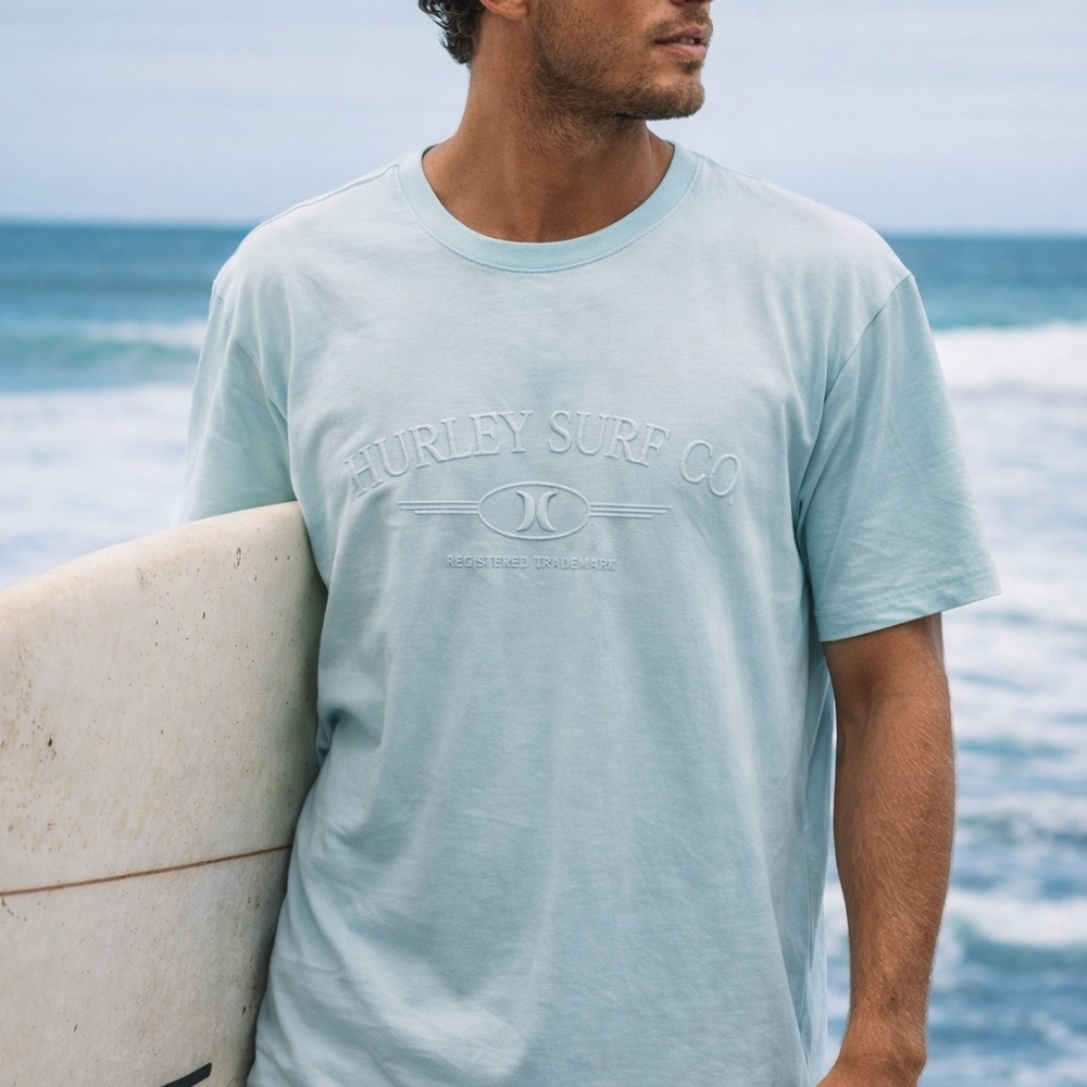 Hurley Surf Co Men's XL Light Blue Embossed Logo T‎ -Shirt Coastal Surf Shirt